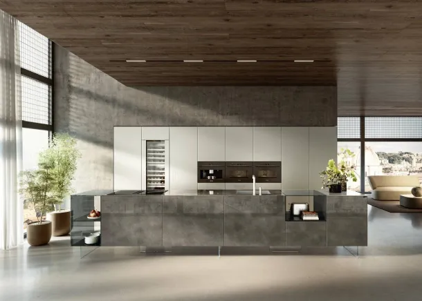 Cucina Design con isola 36e8 Project 2812 in vetro di Lago