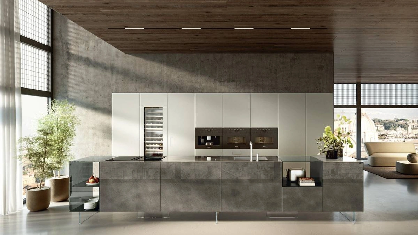 Cucina Design con isola 36e8 Project 2812 in vetro di Lago