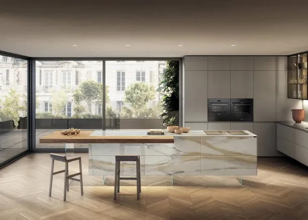 Cucina Design con isola 36e8 Project 2813 in vetro effetto marmo di Lago