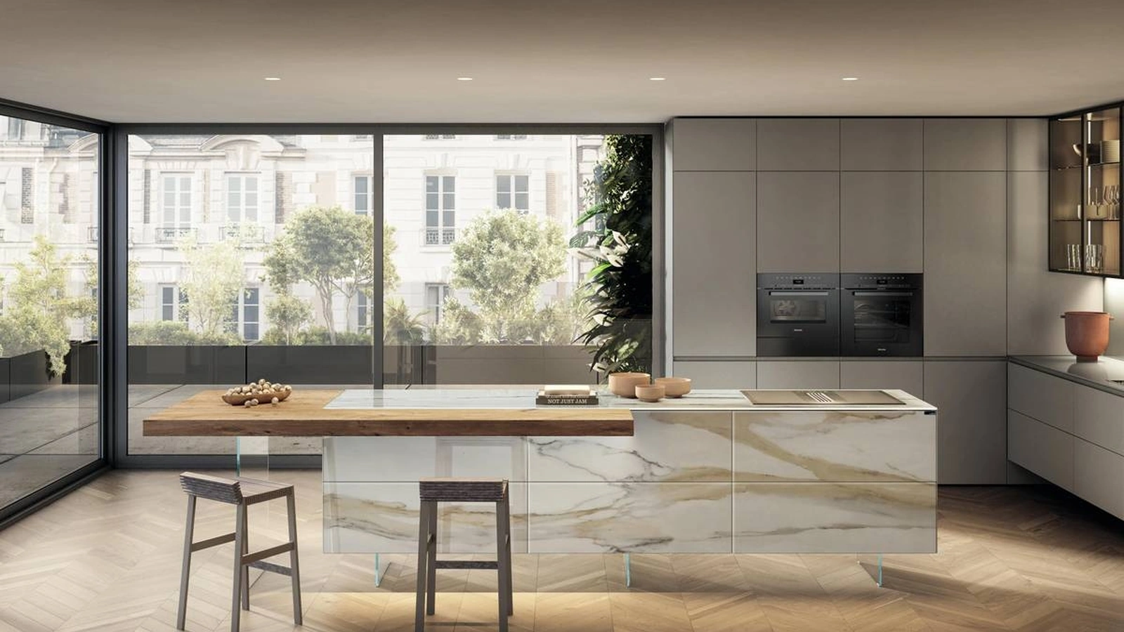 Cucina Design con isola 36e8 Project 2813 in vetro effetto marmo di Lago