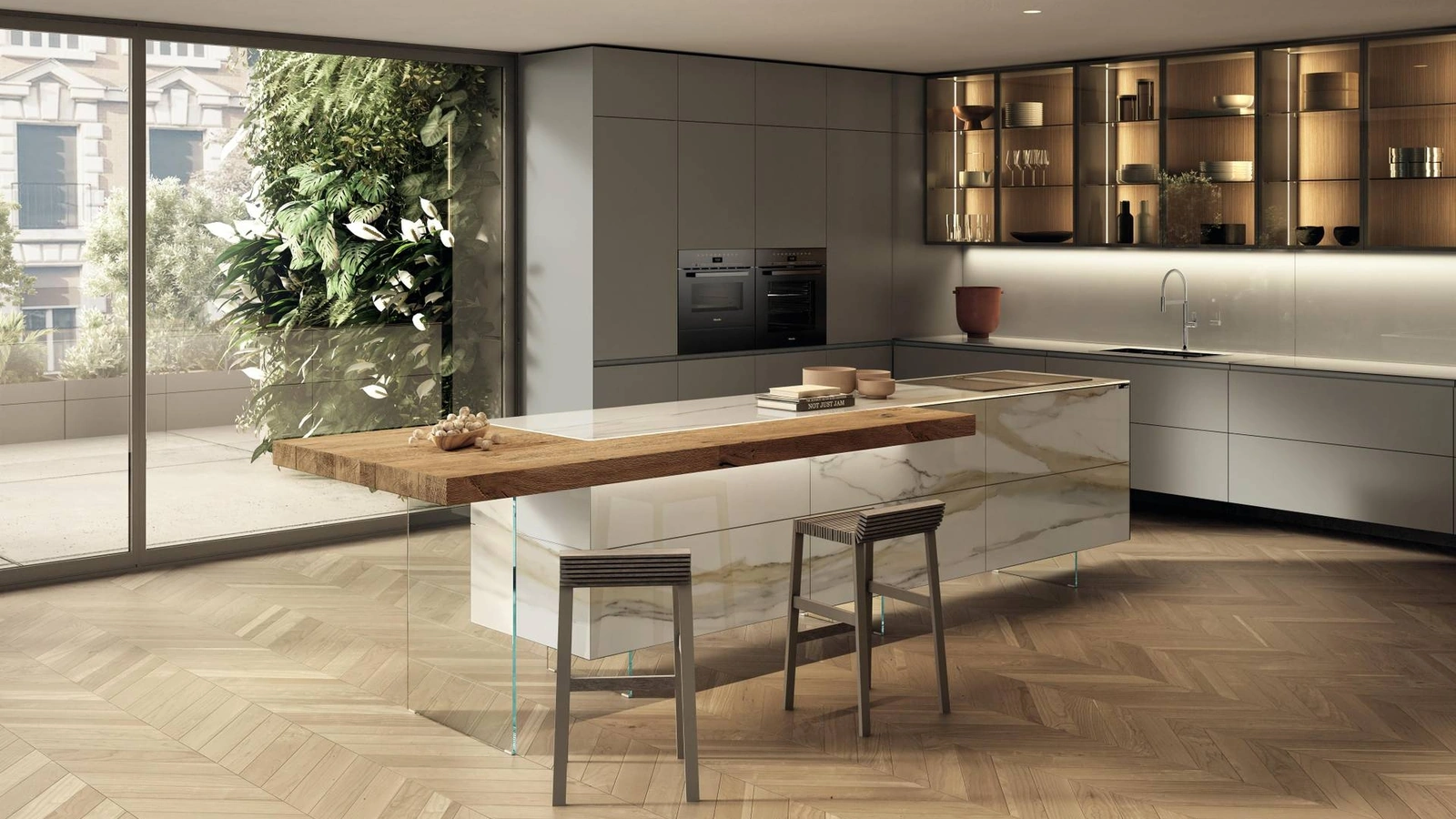 Cucina Design con isola 36e8 Project 2813 in vetro effetto marmo di Lago