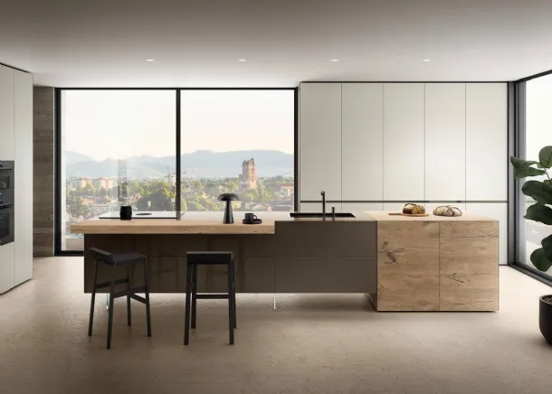 Cucina Design con isola 36e8 Project 2816 in vetro e legno di Lago