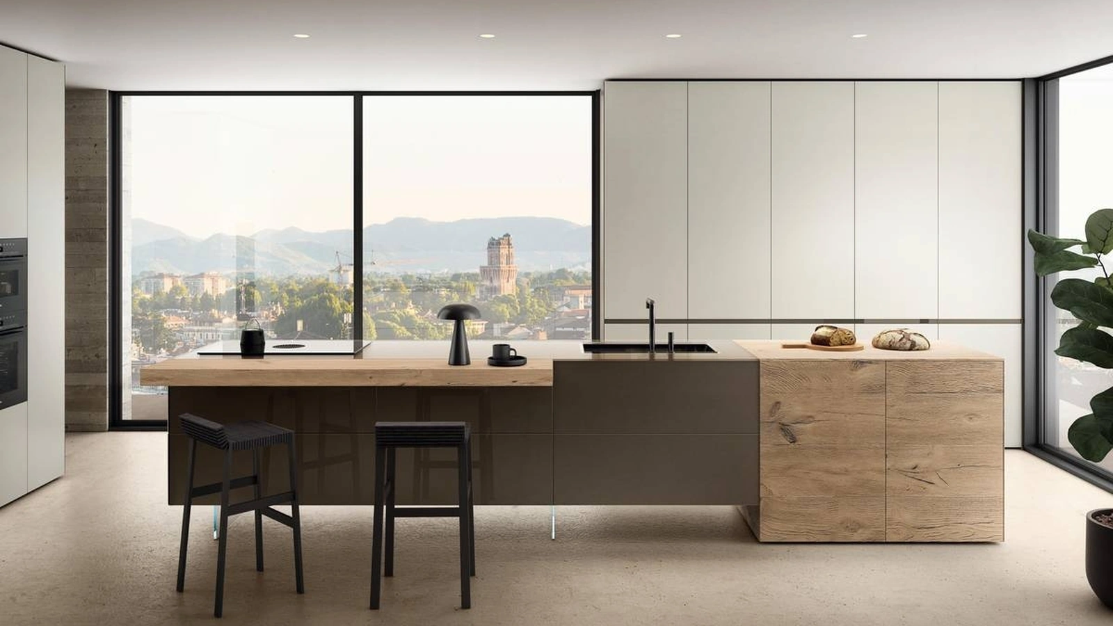 Cucina Design con isola 36e8 Project 2816 in vetro e legno di Lago
