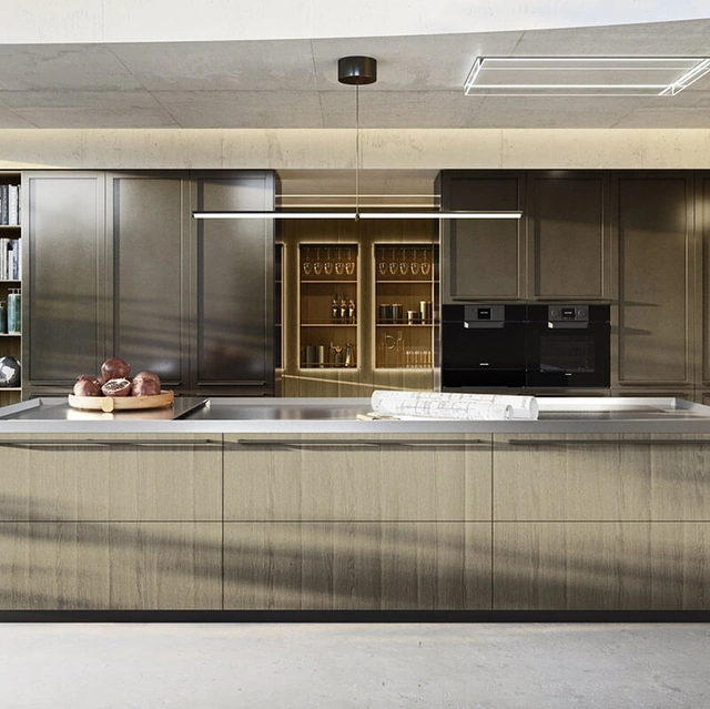 Cucina Design con isola Ak Project 09 in rovere, acciaio e bronzo di Arrital