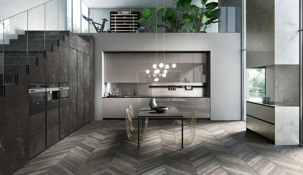 Cucina Design angolare Ak 04 02 in vetro lucido Grigio Londra e Laminam di Arrital