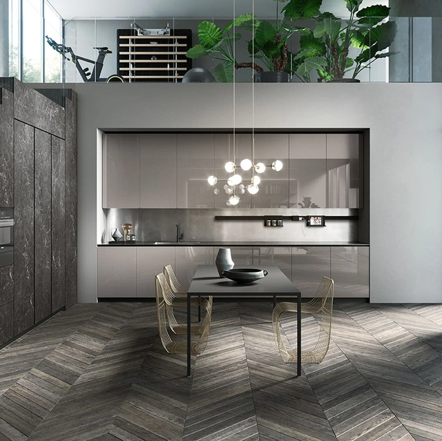 Cucina Design angolare Ak 04 02 in vetro lucido Grigio Londra e Laminam di Arrital