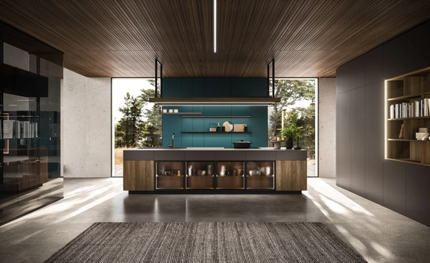 Cucina Design con isola Ak Project 01 in finitura Noce e Fenix di Arrital