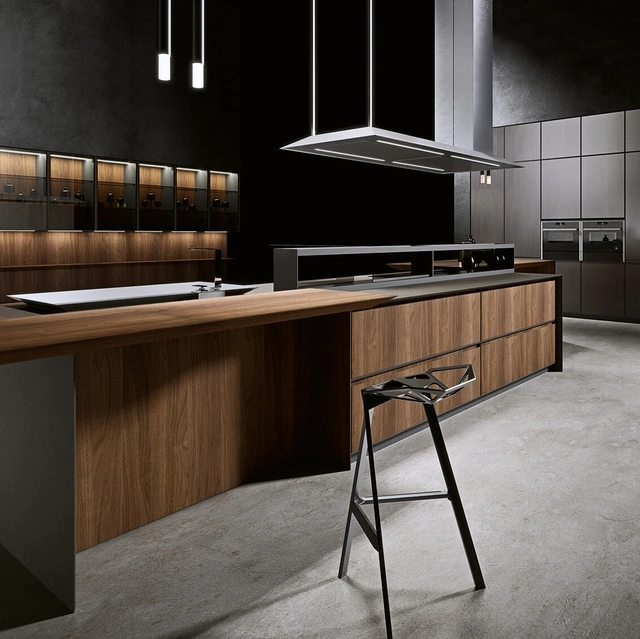 Cucina Design con isola in impiallacciato Noce Canaletto e laccato ossidato Piombo AkB 08 02 di Arrital