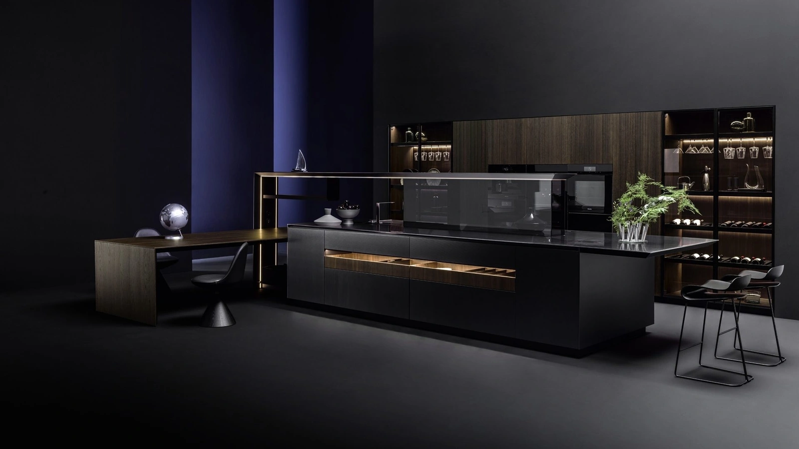 Cucina Design con isola Nautila 01 in laccato Texture 3d sand nero con top in acciaio inox di Arrital