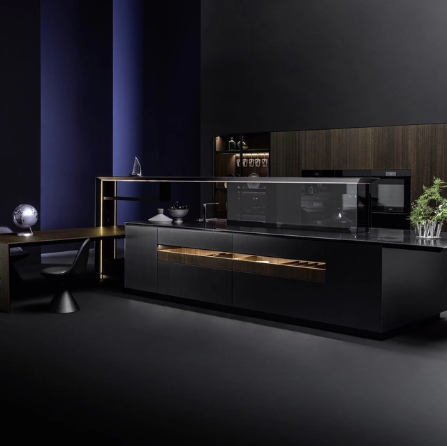 Cucina Design con isola Nautila 01 in laccato Texture 3d sand nero con top in acciaio inox di Arrital