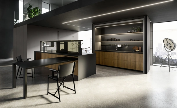 Cucina Design con isola Nautila 04 in Noce Canaletto con top in gres nero natural di Arrital