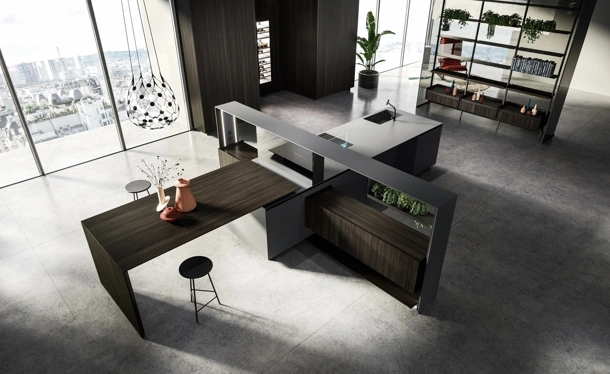 Cucina Design con isola Nautilia 05 in Fenix NTM grigio bromo e Rovere fumè di Arrital