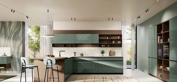 Cucina Moderna con penisola Altea Composizione 01 in vetro verde aloe di Prima Cucine
