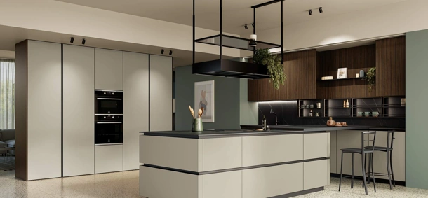 Cucina Moderna con penisola Altea Composizione 02 in vetro opaco di Prima Cucine