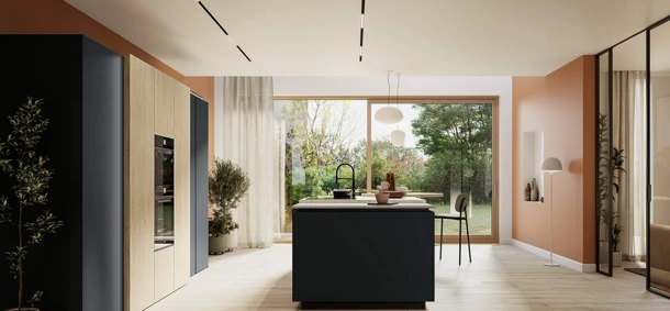 Cucina Moderna con isola Altea Composizione 03 in vetro nero opaco di Prima Cucine