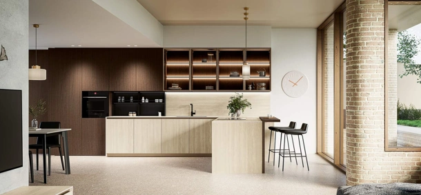 Cucina Moderna con penisola Altea Composizione 04 in laminam e legno di Prima Cucine