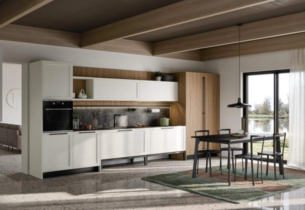 Cucina Moderna lineare Clio Composizione 05 in Pet bianco e laminato rovere di Prima Cucine