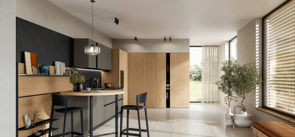 Cucina Moderna con penisola Domino Composizione 06 in melaminico metallico polvere cenere e rovere caramello di Prima Cucine