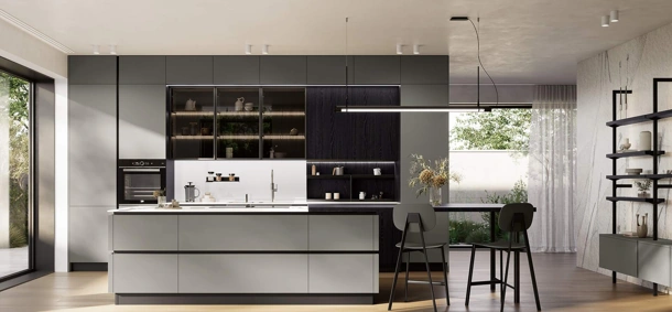 Cucina Moderna con isola Domino Composizione 07 in laccato grigio ferro e melaminico rovere nero di Prima Cucine