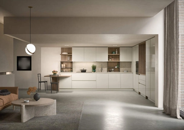 Cucina Moderna angolare laccata lucida con dettagli in legno Luce Composizione 05 di Prima Cucine