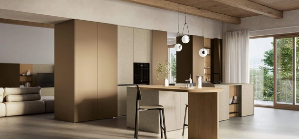 Cucina Moderna con penisola Domino Composizione 01 in laccato caramello di Prima Cucine