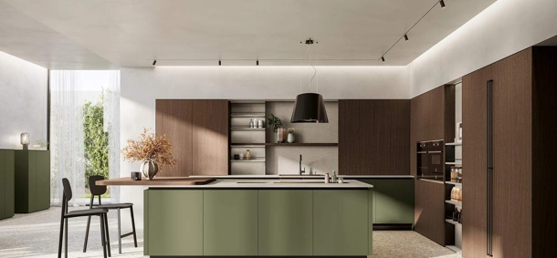 Cucina Moderna con isola Domino Composizione 04 in verde bosco e legno di Prima Cucine