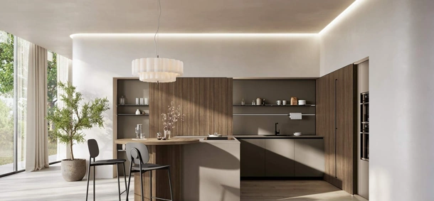 Cucina Moderna con penisola Domino Composizione 08 in melaminico metallico polvere argilla e melaminico noce Canaletto di Prima Cucine