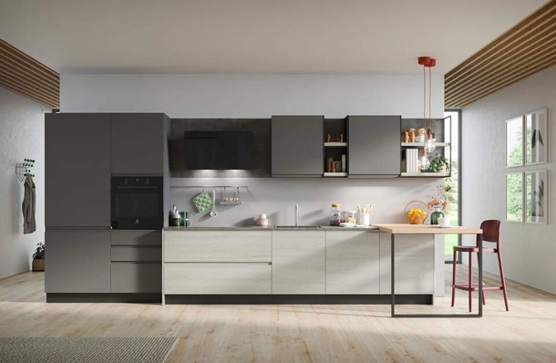 Cucina Moderna in laminato frassino e pet con penisola Fly Composizione 04 di Prima Cucine