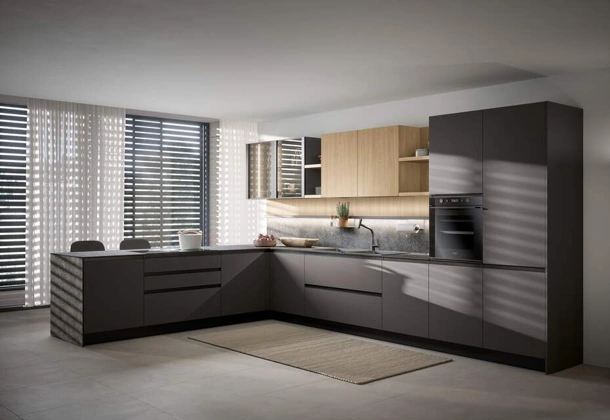 Cucina Moderna con penisola Zoe Composizione 02 in pet e melaminico rovere di Prima Cucine