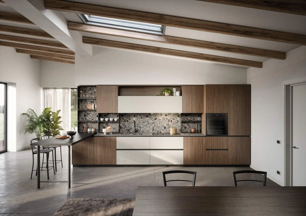 Cucina Moderna lineare con penisola Zoe Composizione 06 in melaminico noce e HPL canapa di Prima Cucine